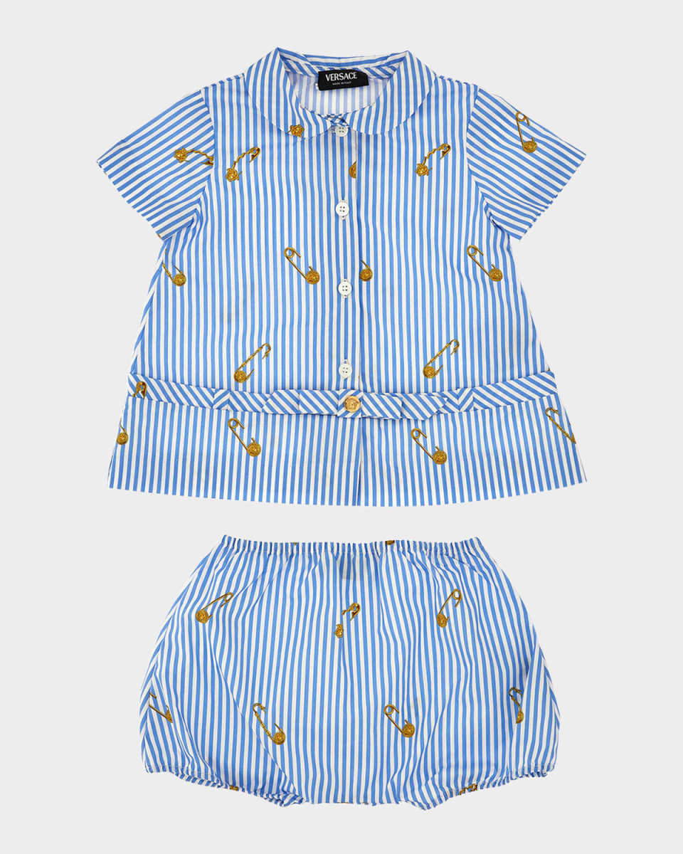 Girl's Pinstripe Poplin Safety Pin Dress with Bloomers, Size 6M-